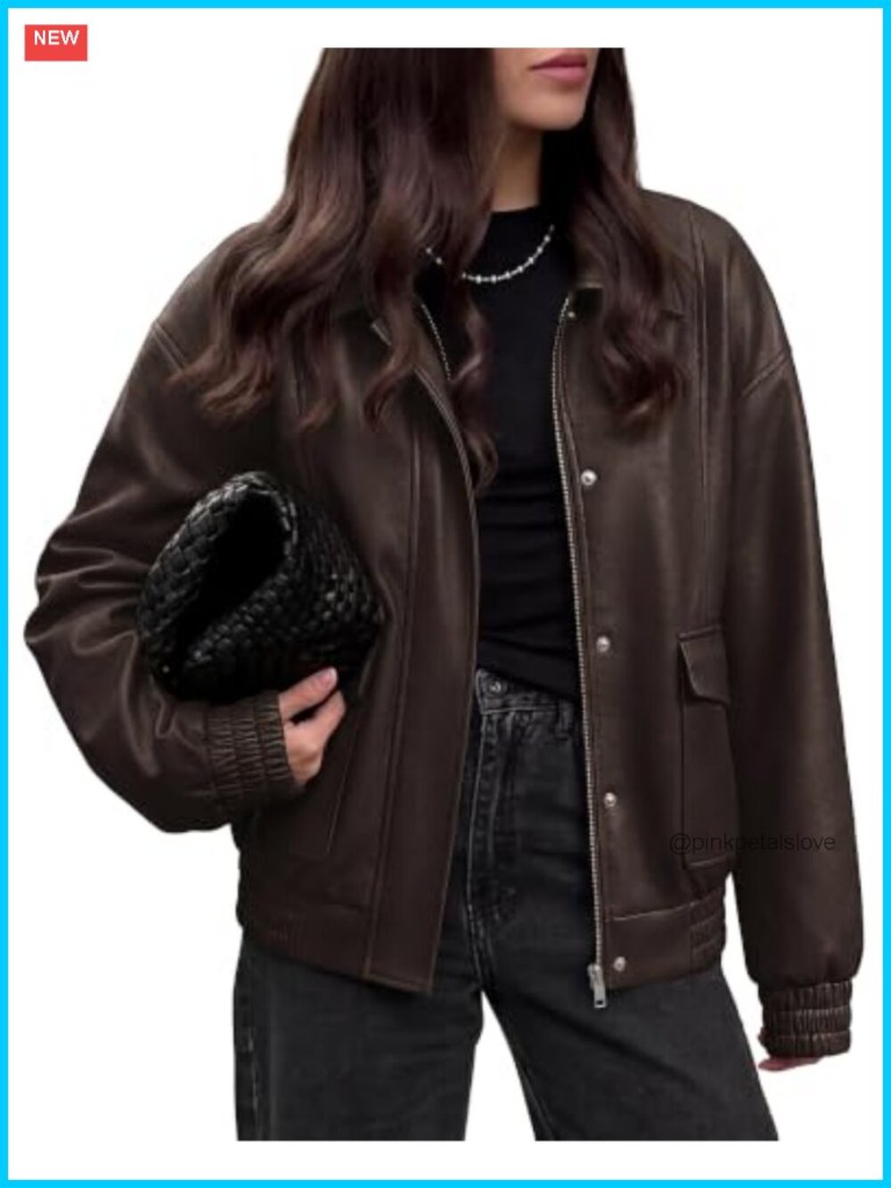 Faux Leather Jacket Women Oversized Snap Zipper Front Flap Pockets Casual